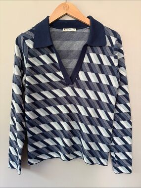 Marine Layer Morgan Polo V Neck Sweater Cool Geo Medium Retro Blue White Aqua
